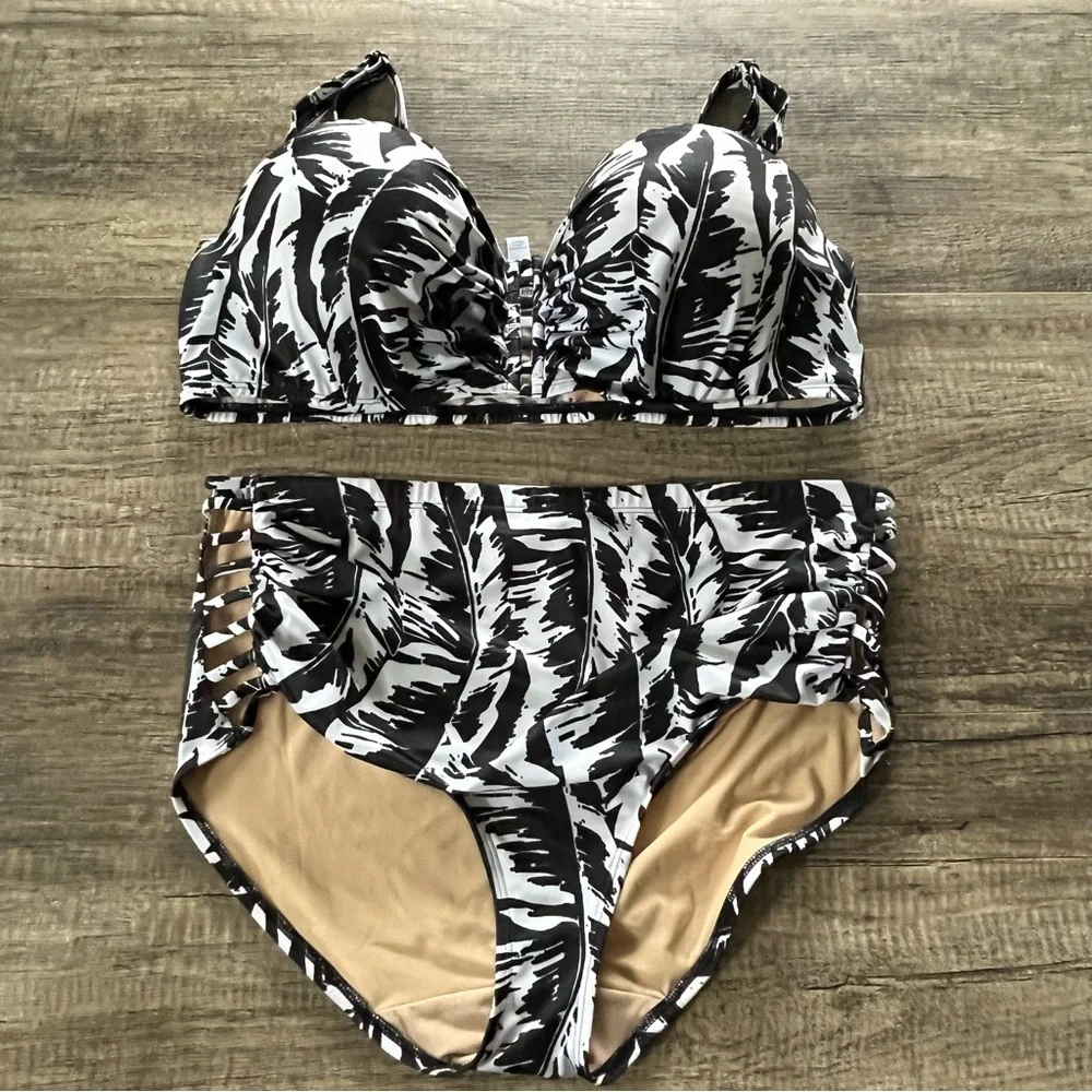Lane BRYANT SWIM PALM LEAVES STRAPPY UNDERWIRE BIKINI TOP/BOTTOM SZ 44DD/16 - Picture 10 of 13